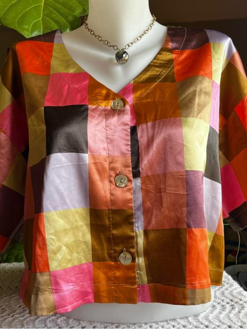 Silky Multi-Color Patchwork Button Front Top / 33 Coastal for Buckle / sz m